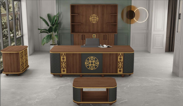 Masterpiece Office Design: Rich Wood, Black & Gold Accents