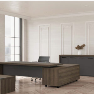 Executive Modern L-Shaped Desk Suite – Dark Wood & Grey