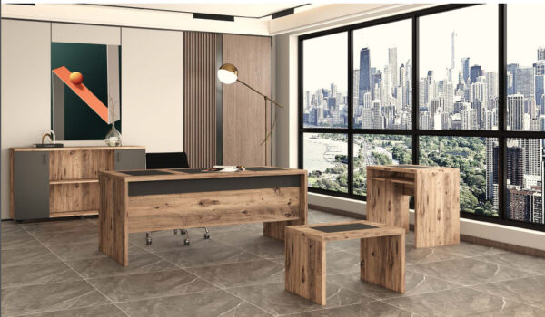 Executive Office Furniture Set - Natural Wood & Black Accents