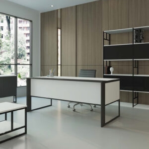 Executive Office Design with Modern White Desk & Black Storage