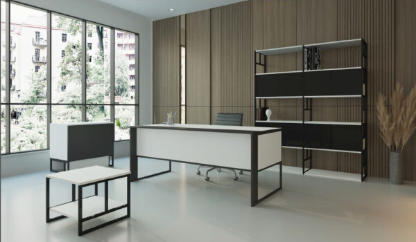 Executive Office Design with Modern White Desk & Black Storage