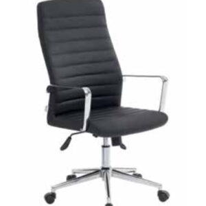 High-back black executive office chair with chrome frame and wheels