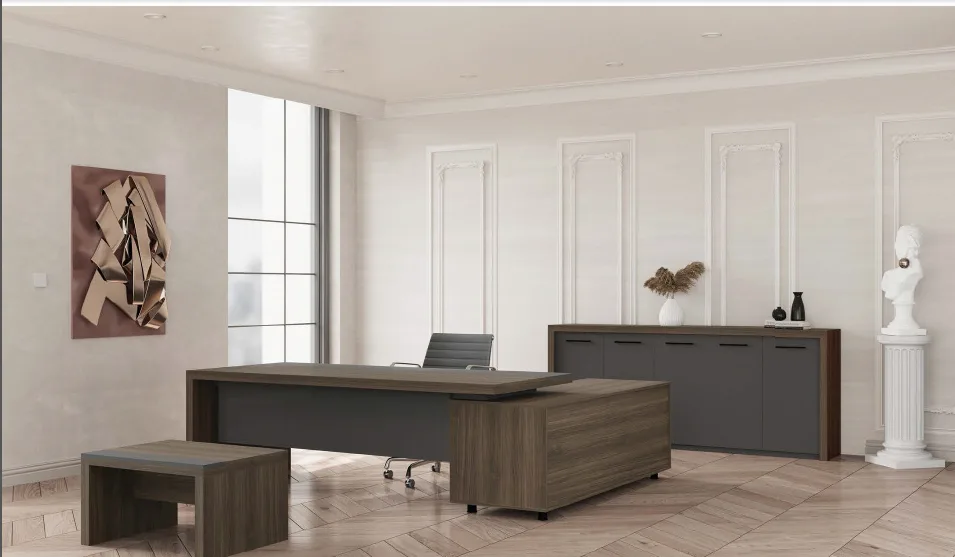Bureau Exécutif en L — Bois Foncé & Gris
